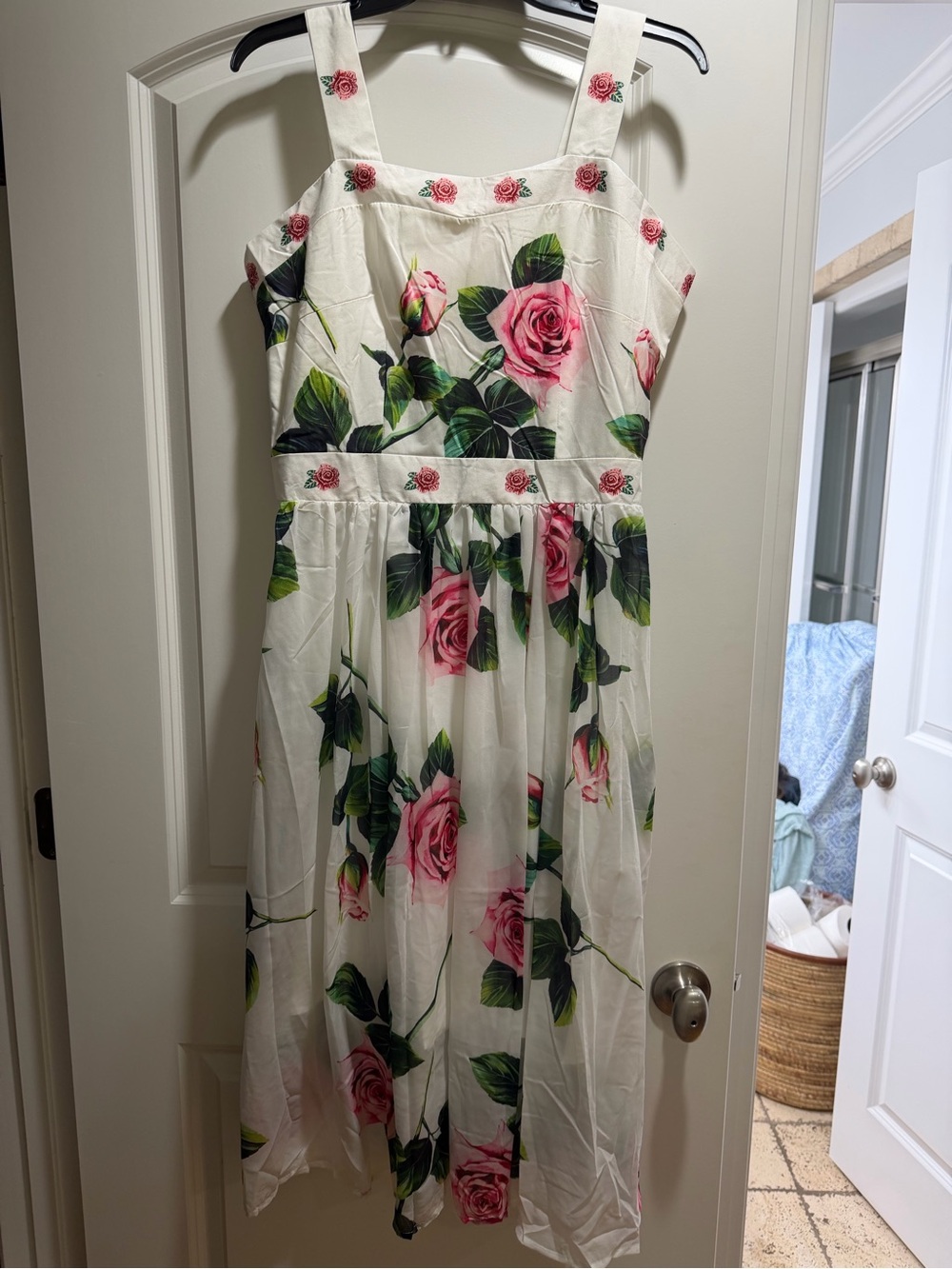 Floral Cream Midi Dress with Pink Rose Print